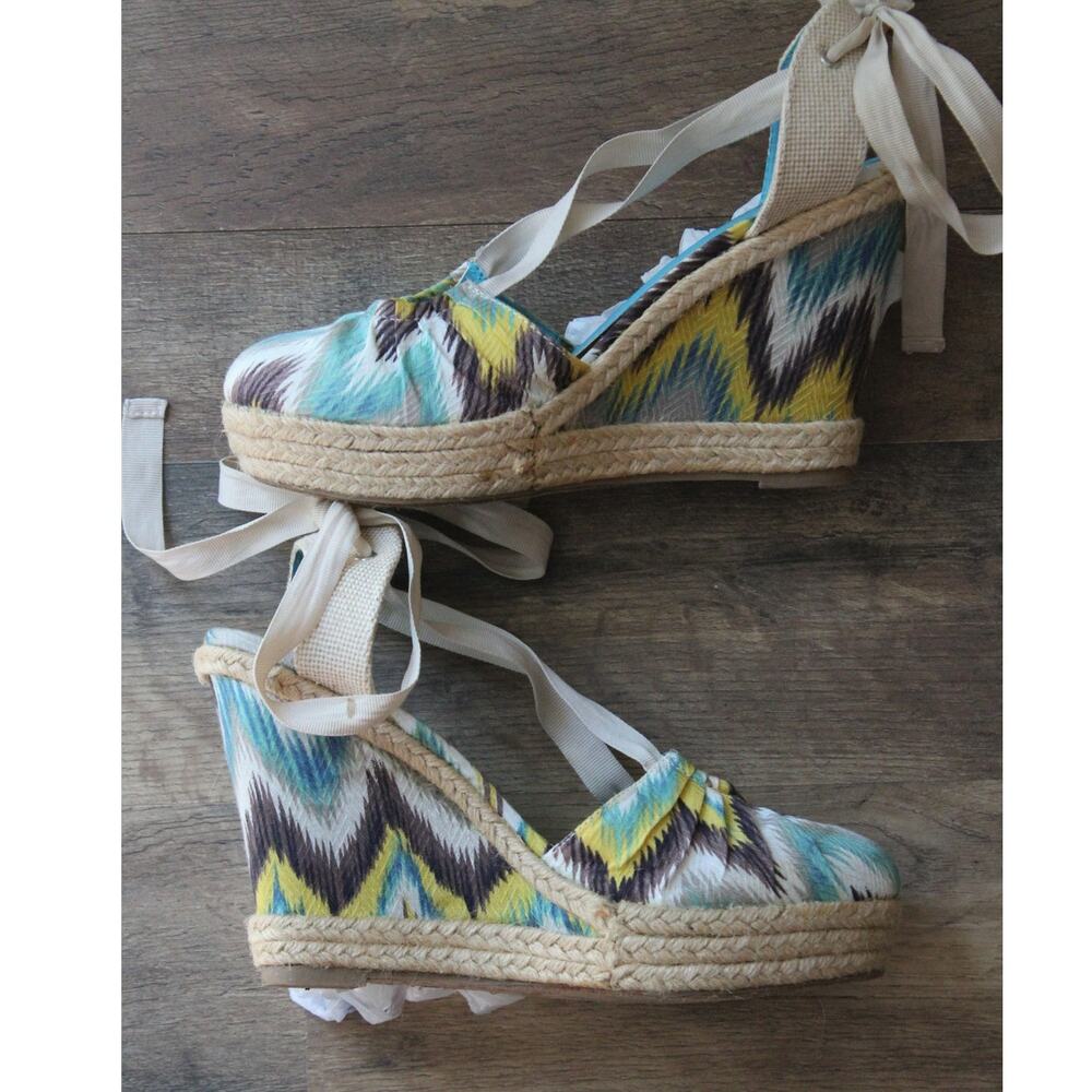 Bamboo Dorine 03 Teal Ikat Ankle Ribbon Espadrille Wedges Size 9